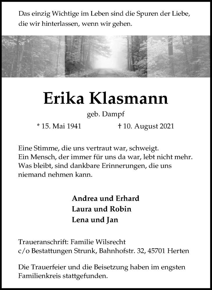 Traueranzeige für Erika Klasmann vom 19.08.2021 aus Medienhaus Bauer