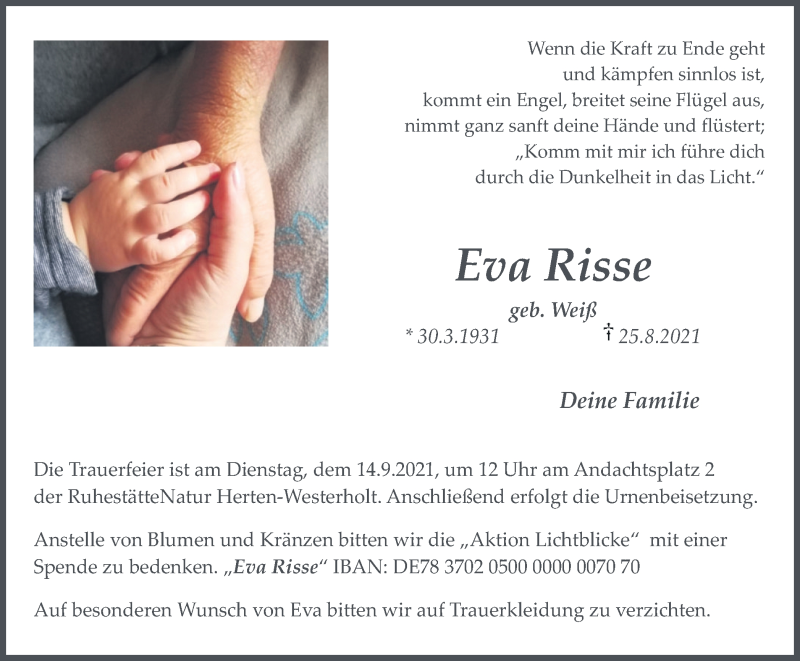  Traueranzeige für Eva Risse vom 30.08.2021 aus Medienhaus Bauer