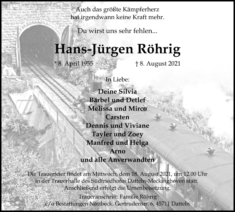  Traueranzeige für Hans-Jürgen Röhrig vom 14.08.2021 aus Medienhaus Bauer