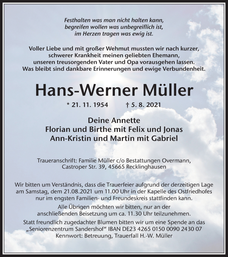  Traueranzeige für Hans-Werner Müller vom 14.08.2021 aus Medienhaus Bauer