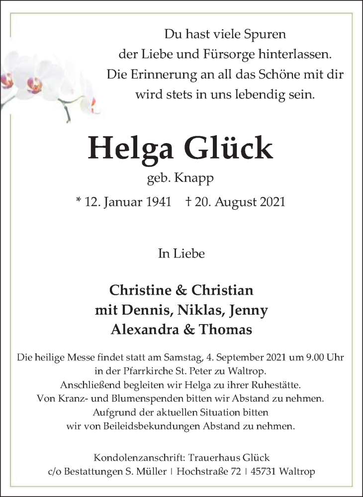  Traueranzeige für Helga Glück vom 28.08.2021 aus Medienhaus Bauer