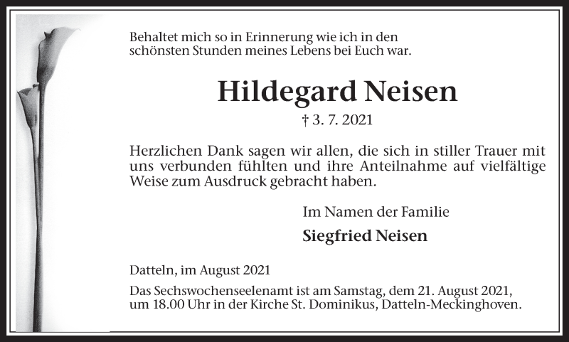  Traueranzeige für Hildegard Neisen vom 18.08.2021 aus Medienhaus Bauer