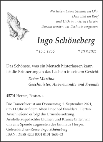 Traueranzeige von Ingo Schöneberg von Medienhaus Bauer
