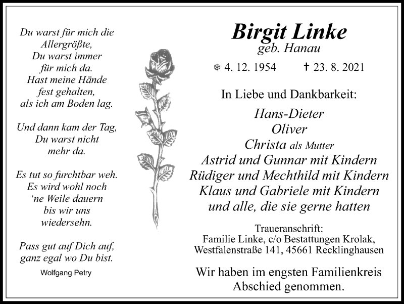  Traueranzeige für Birgit Linke vom 04.09.2021 aus Medienhaus Bauer
