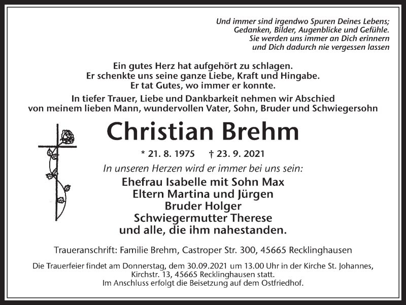 Traueranzeige für Christian Brehm vom 29.09.2021 aus Medienhaus Bauer